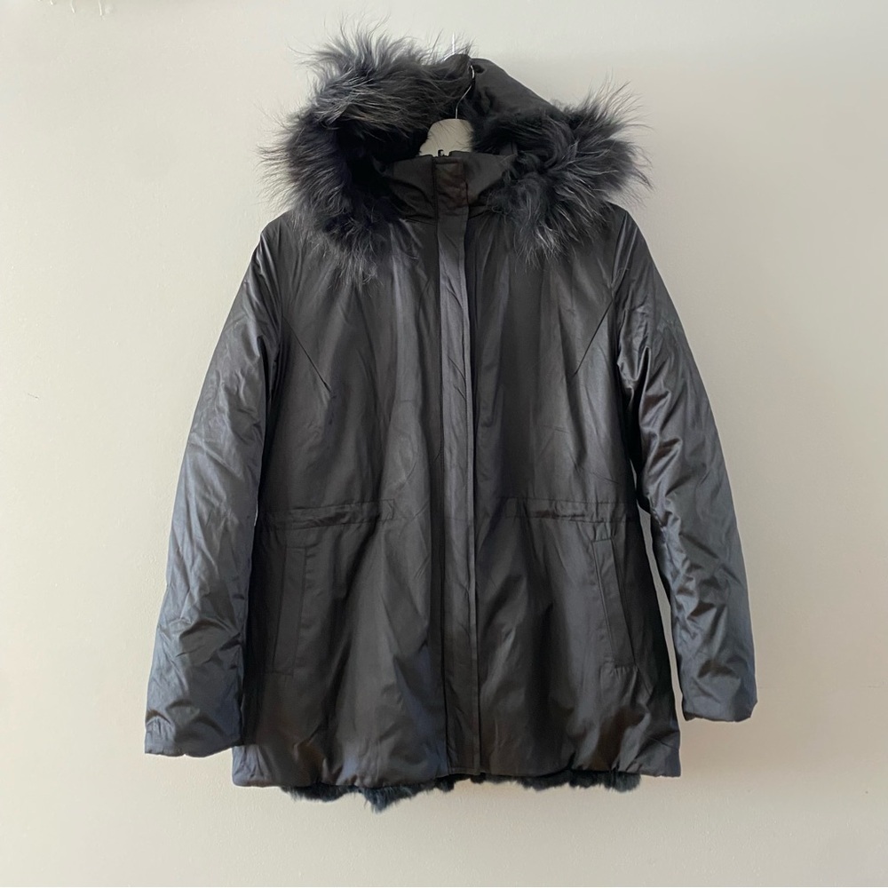 Dana Stein Black Reversible Rabbit Fur Puffer Coat Jacket Women’s Size Medium
